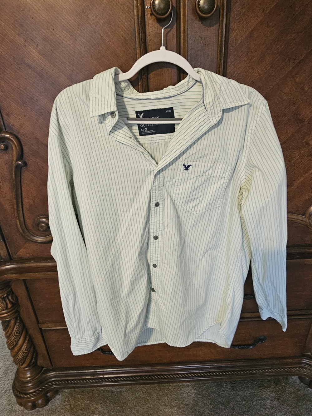 American Eagle Outfitters Light Green Thin-Striped Button-Down Shirt